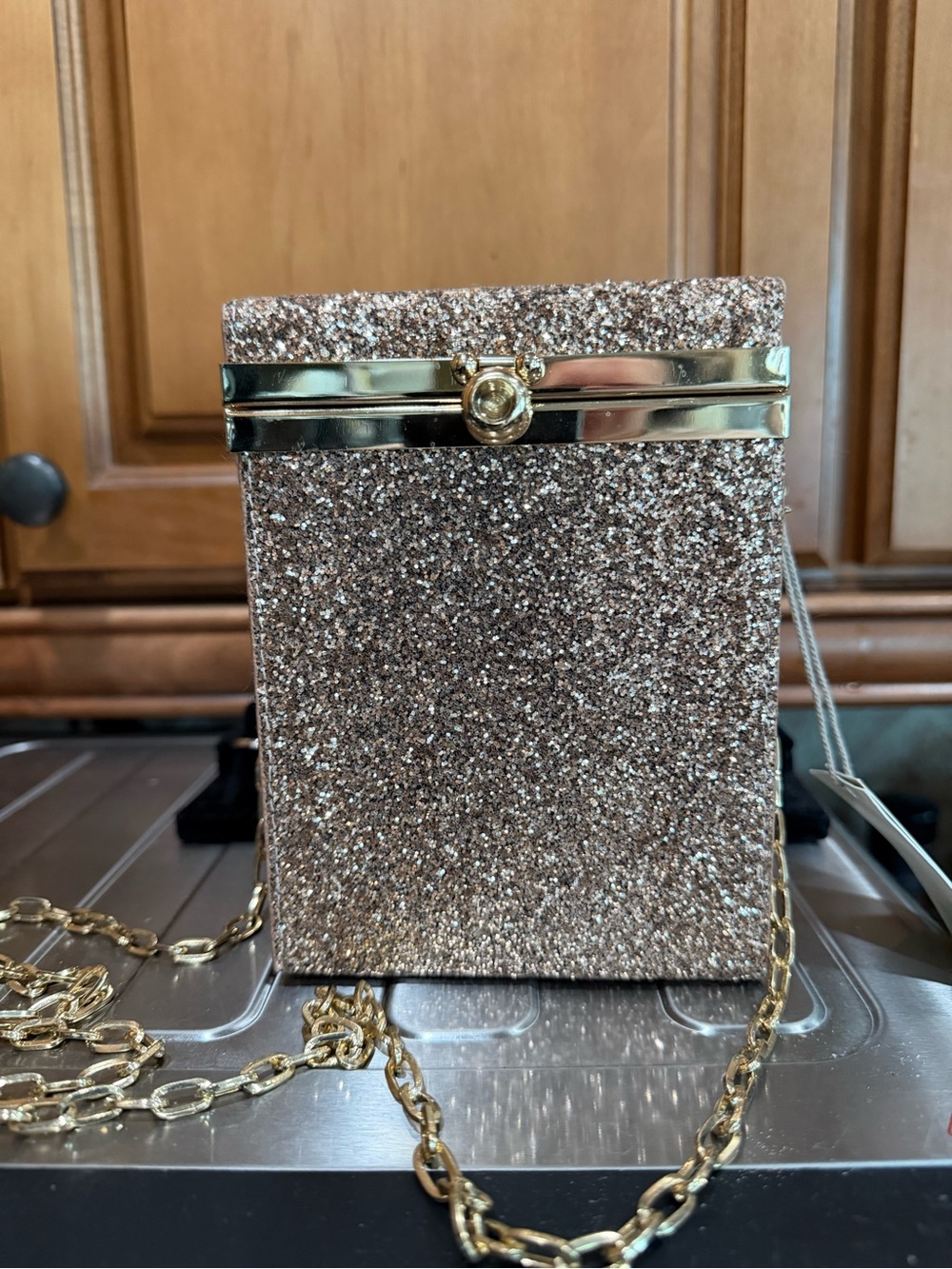 a new day Rose Gold Glitter Box Clutch with Gold Hardware